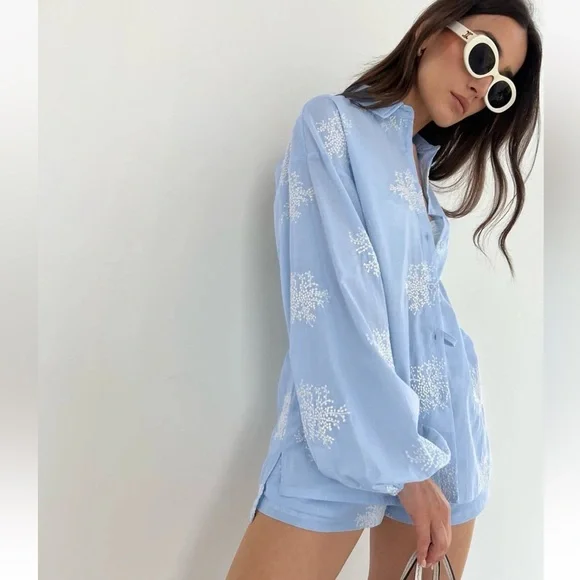 Commense M Semi-Sheer Plant Embroidery Casual Shorts Set Blue cc4 - Picture 4 of 8